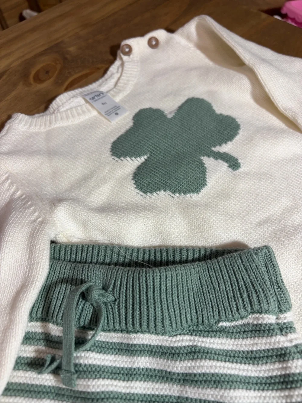 NWT-Carters White & Sage Baby Sweater Set with Clover Knit